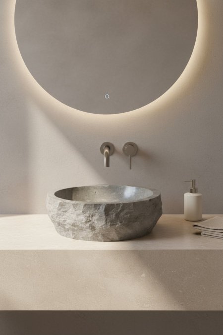 حوض مغسلة حجري رمادي طبيعي – تصميم عصري فاخر